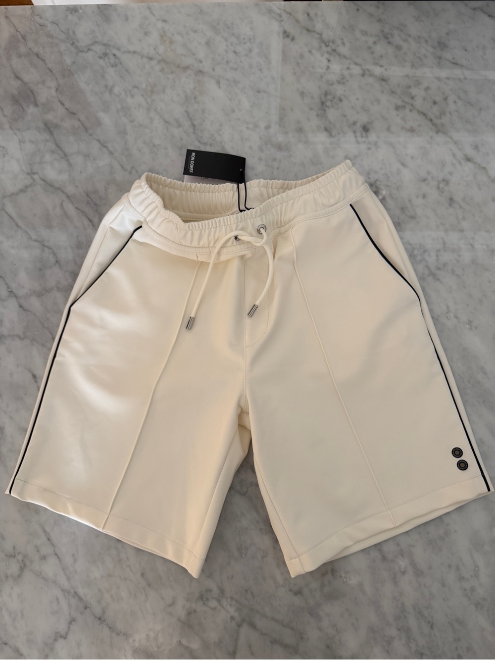 Men's Cream Athletic Drawstring Shorts with Black Piping